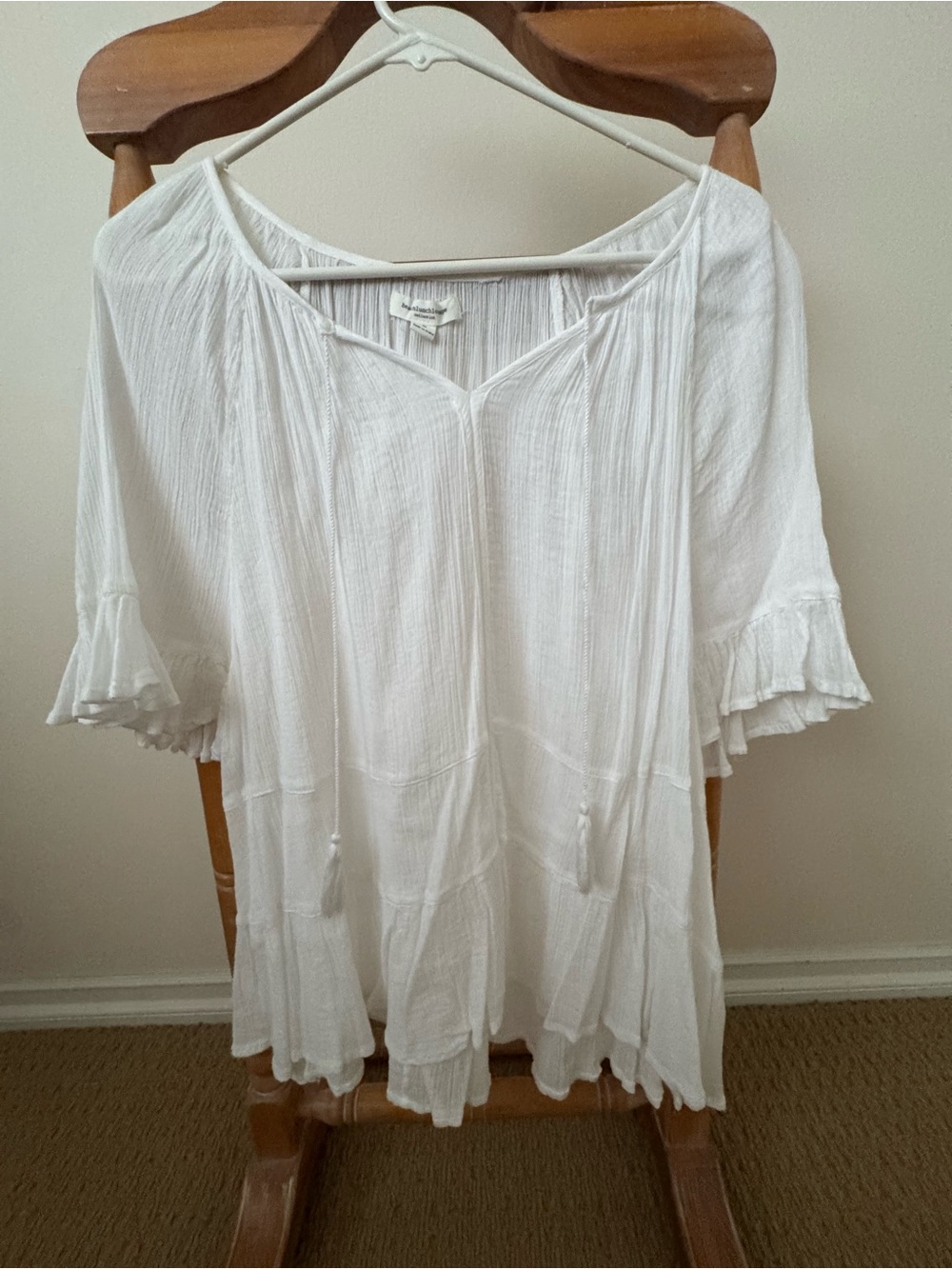 beachlunchlounge White cotton Gauze Peasant Tunic with Ruffle Sleeves Small